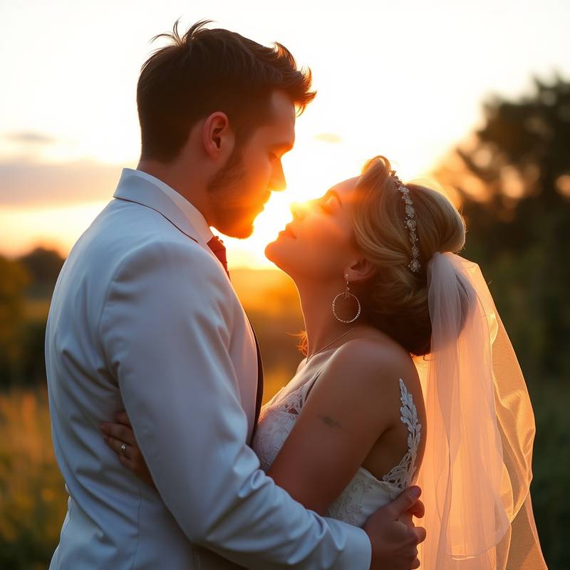 Couple marié s'embrassant au coucher du soleil