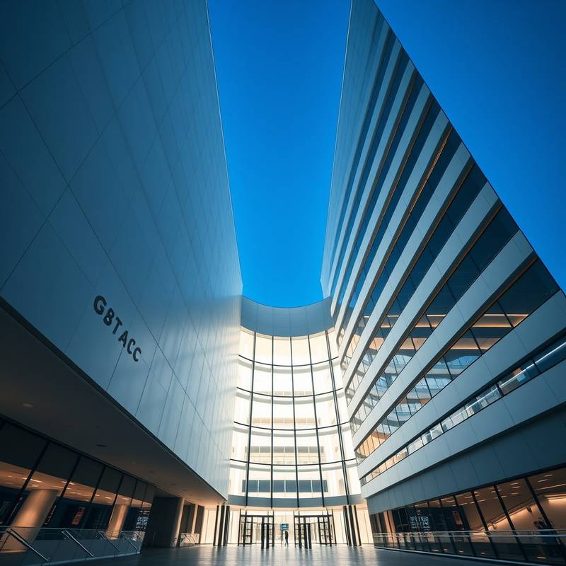 Photographie architecturale d'un bâtiment moderne, capturant ses lignes et ses formes géométriques.