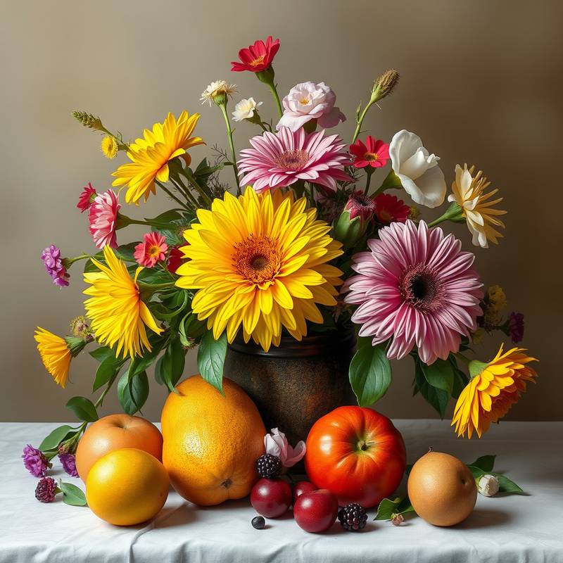 Photographie de nature morte avec des fleurs et des fruits, créant une composition artistique et harmonieuse.