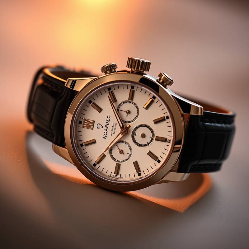 Photographie de produit mettant en valeur une montre de luxe, avec une attention particulière aux détails et à l'éclairage.