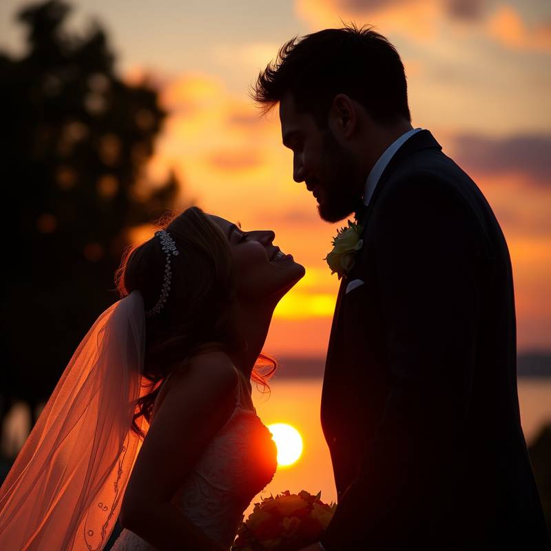 Un couple échangeant un baiser passionné lors de leur mariage, avec un coucher de soleil romantique en arrière-plan.